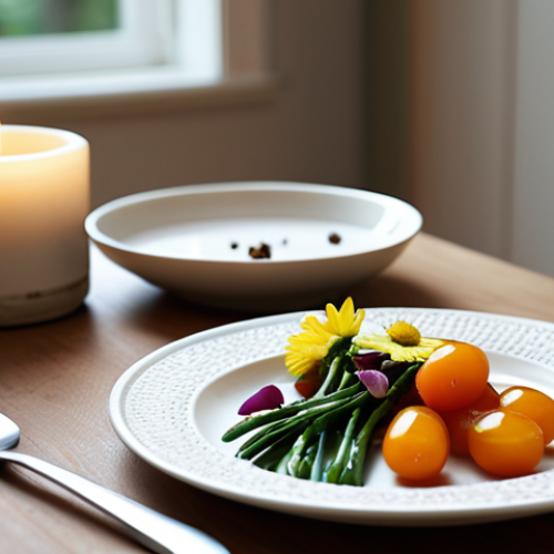 Home 11 ** A serene dining table setting with a small plate, healthy food presented artfully, soft lighting, and a small vase of flowers. Focus on the visual aspects of a calm and focused eating environment.
**