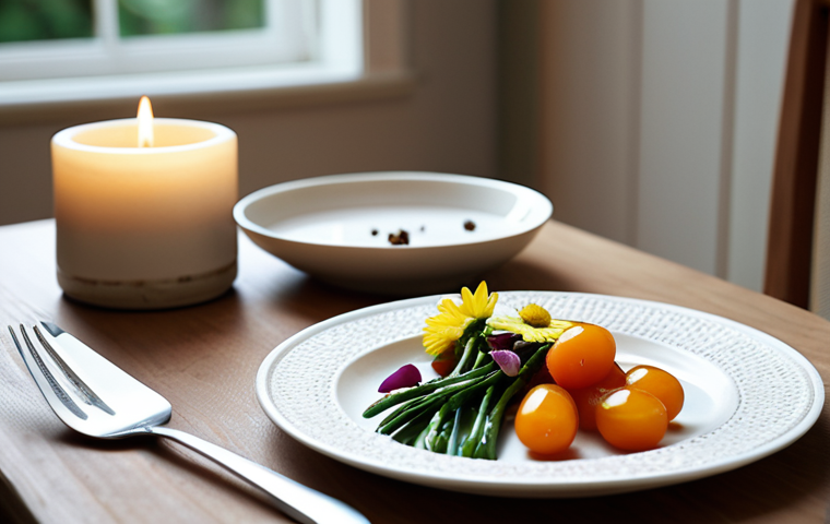 ** A serene dining table setting with a small plate, healthy food presented artfully, soft lighting, and a small vase of flowers. Focus on the visual aspects of a calm and focused eating environment.

**