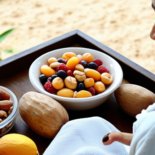 Home 6 **Image Prompt:** A person mindfully eating a healthy snack of local fruits and nuts in a serene setting, focusing on the colors and textures. The background should subtly suggest mindfulness and healthy living.