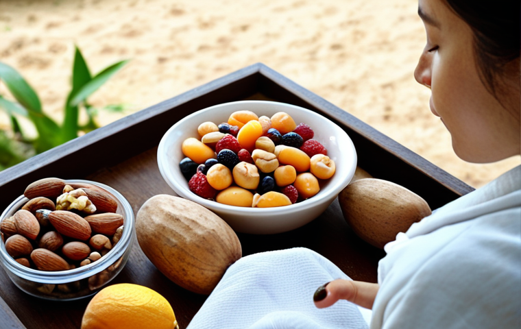 **Image Prompt:** A person mindfully eating a healthy snack of local fruits and nuts in a serene setting, focusing on the colors and textures. The background should subtly suggest mindfulness and healthy living.