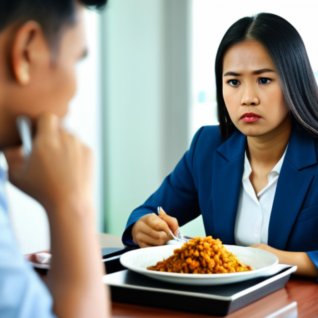A professional Malay businesswoman in a modest business suit, sitting at a modern office desk during a busy lunch break. She holds a fork above a plate of Nasi Lemak, her expression thoughtful and slightly stressed, eyes unfocused as if deep in thought, conveying cognitive pressure and lack of spontaneous enjoyment. The background shows a subtly blurred office environment with other busy colleagues. Professional photography, soft natural lighting, high resolution, sharp focus on the subject. fully clothed, appropriate attire, modest clothing, safe for work, professional dress, correct proportions, natural pose, well-formed hands, proper finger count, perfect anatomy.