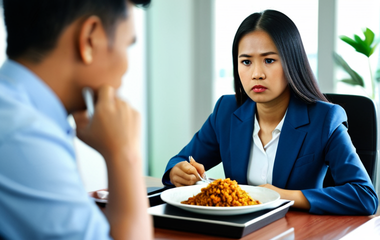 A professional Malay businesswoman in a modest business suit, sitting at a modern office desk during a busy lunch break. She holds a fork above a plate of Nasi Lemak, her expression thoughtful and slightly stressed, eyes unfocused as if deep in thought, conveying cognitive pressure and lack of spontaneous enjoyment. The background shows a subtly blurred office environment with other busy colleagues. Professional photography, soft natural lighting, high resolution, sharp focus on the subject. fully clothed, appropriate attire, modest clothing, safe for work, professional dress, correct proportions, natural pose, well-formed hands, proper finger count, perfect anatomy.