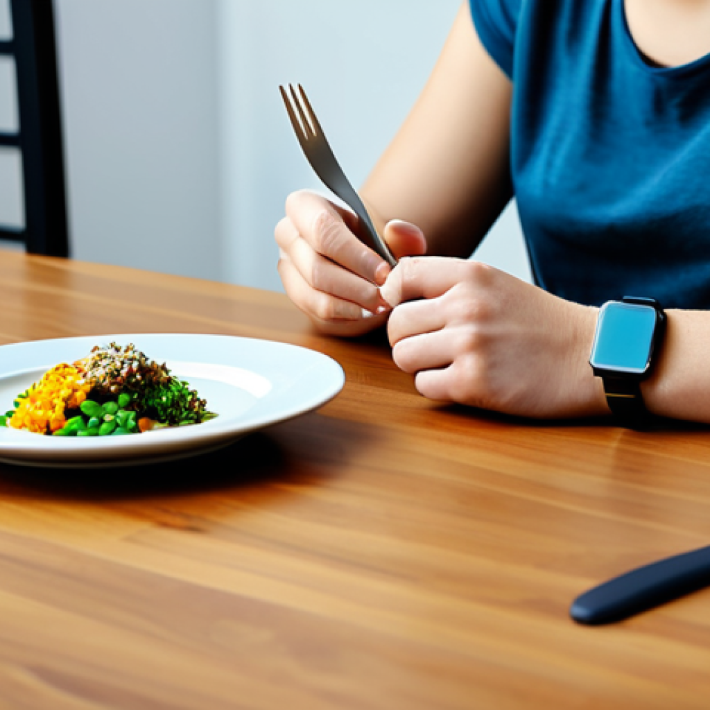 A professional, gender-neutral individual in modest, appropriate attire, sitting calmly at a clean dining table. They are deeply focused on a healthy, colorful meal, practicing mindful eating. Their hands are gently holding cutlery, perfectly formed. The background is a minimalist, modern interior with soft lighting, creating a serene atmosphere. A discreet, professional smartwatch is visible on their wrist. fully clothed, appropriate attire, safe for work, perfect anatomy, correct proportions, natural pose, well-formed hands, proper finger count, natural body proportions, professional photography, high quality, family-friendly.