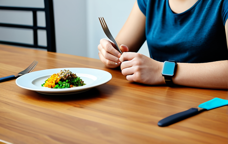 A professional, gender-neutral individual in modest, appropriate attire, sitting calmly at a clean dining table. They are deeply focused on a healthy, colorful meal, practicing mindful eating. Their hands are gently holding cutlery, perfectly formed. The background is a minimalist, modern interior with soft lighting, creating a serene atmosphere. A discreet, professional smartwatch is visible on their wrist. fully clothed, appropriate attire, safe for work, perfect anatomy, correct proportions, natural pose, well-formed hands, proper finger count, natural body proportions, professional photography, high quality, family-friendly.