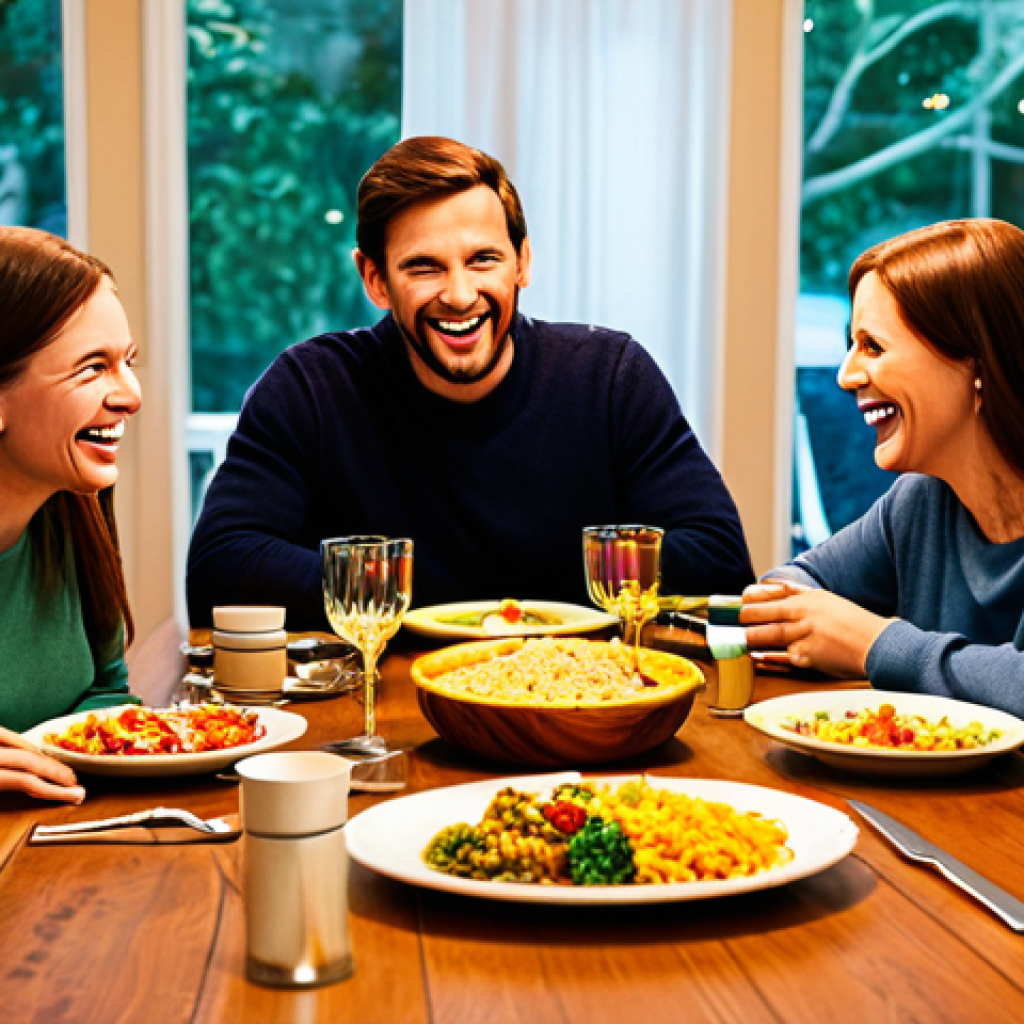 "A family of four fully clothed, gathered around a dining table filled with colorful and healthy food, laughing and sharing stories, cozy home interior, warm lighting, professional photography, safe for work, appropriate content, family-friendly, perfect anatomy, natural proportions, modest clothing."