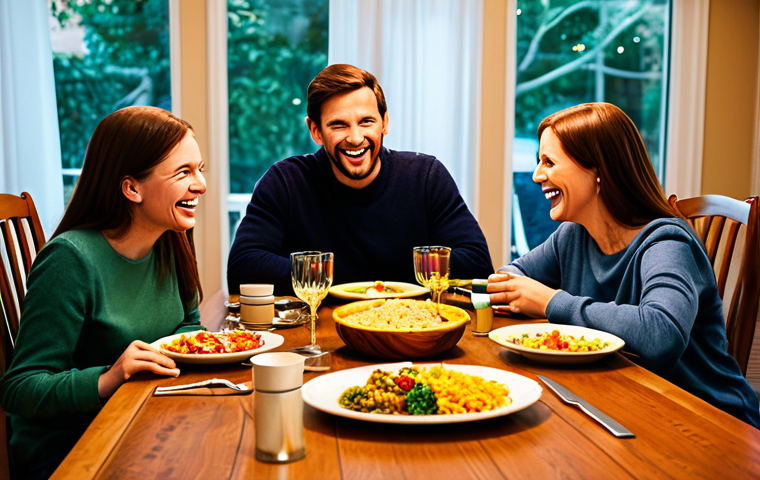 "A family of four fully clothed, gathered around a dining table filled with colorful and healthy food, laughing and sharing stories, cozy home interior, warm lighting, professional photography, safe for work, appropriate content, family-friendly, perfect anatomy, natural proportions, modest clothing."