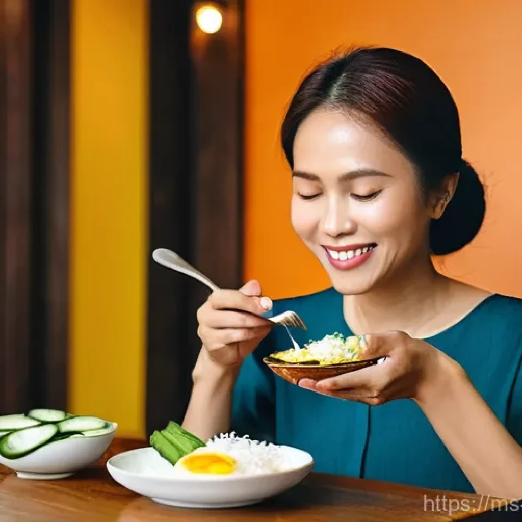 의식적 식사법의 사회문화적 영향 - **Prompt 1: Mindful Nasi Lemak Enjoyment**
A serene close-up shot of a Malaysian individual, app...