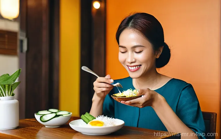 의식적 식사법의 사회문화적 영향 - **Prompt 1: Mindful Nasi Lemak Enjoyment**
A serene close-up shot of a Malaysian individual, app...
