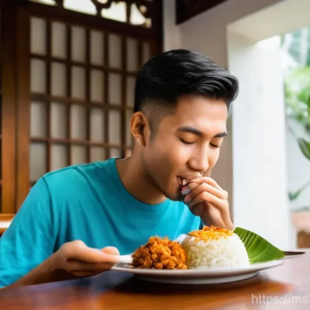 의식적 식사법과 식사 속도 조절 - **Prompt:** A young Malay adult (early 20s, wearing a modest t-shirt and casual pants) is seated at ...