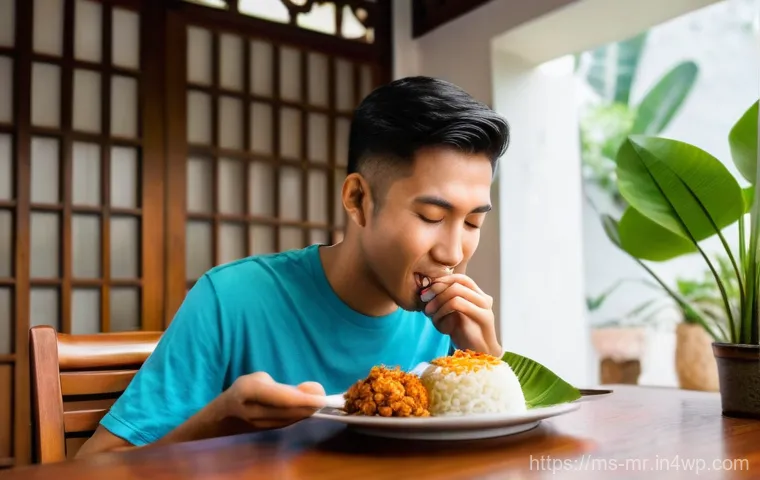 의식적 식사법과 식사 속도 조절 - **Prompt:** A young Malay adult (early 20s, wearing a modest t-shirt and casual pants) is seated at ...