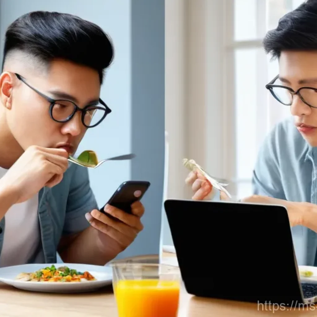 의식적 식사법의 새로운 트렌드 - **Prompt:** A split image or diptych showing a stark contrast between two eating styles. On the left...