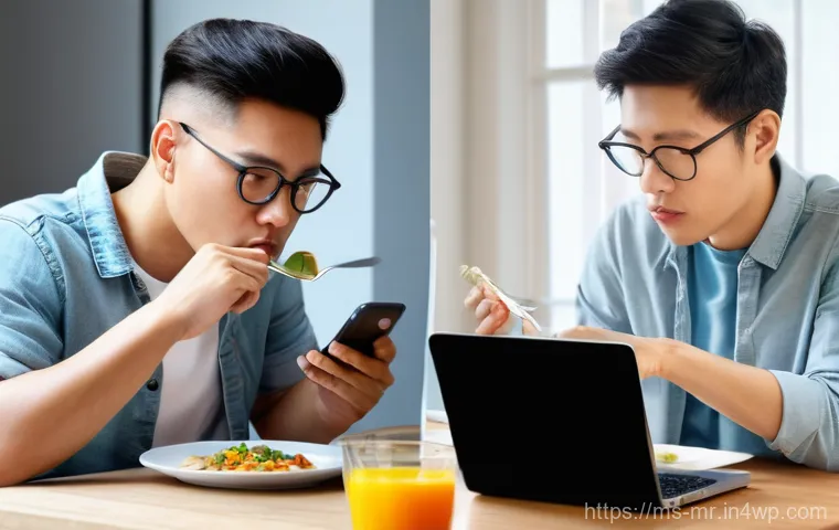의식적 식사법의 새로운 트렌드 - **Prompt:** A split image or diptych showing a stark contrast between two eating styles. On the left...