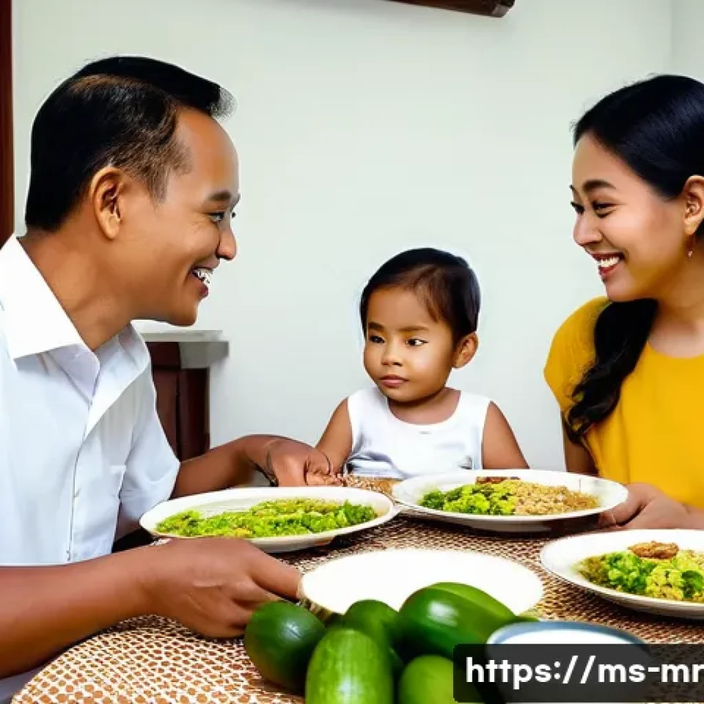 의식적 식사법과 의사소통의 기술 - **Mindful Family Meal in Malaysia**
A heartwarming and brightly lit scene depicting a Malaysian ...