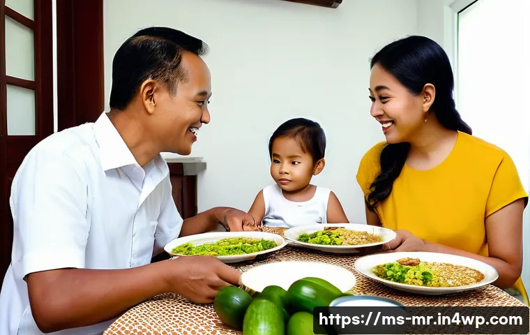 의식적 식사법과 의사소통의 기술 - **Mindful Family Meal in Malaysia**
A heartwarming and brightly lit scene depicting a Malaysian ...