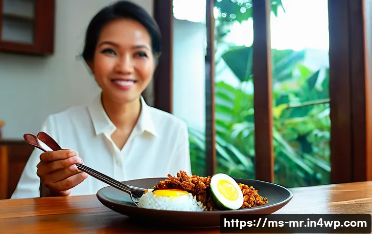 의식적 식사법을 통한 식생활 혁신 - **Prompt 1: Mindful Enjoyment of Nasi Lemak**
A serene, medium close-up shot of a diverse Malays...