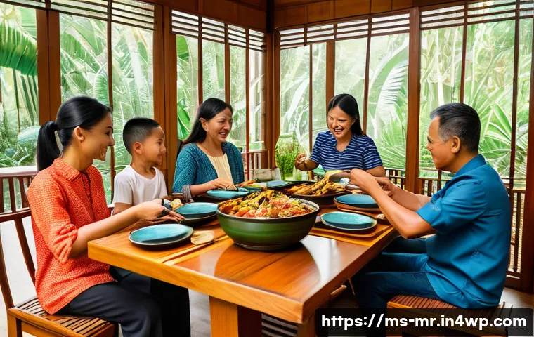 의식적 식사법과 신체 이미지 - A serene Malaysian family dining scene showing diverse members eating traditional dishes like ikan b...