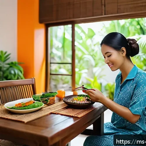의식적 식사법과 체중 감량 - A serene dining scene in a modern Malaysian home, featuring a Malay woman in casual attire eating mi...