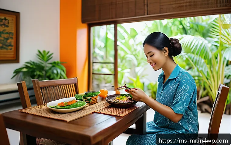 의식적 식사법과 체중 감량 - A serene dining scene in a modern Malaysian home, featuring a Malay woman in casual attire eating mi...