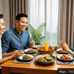 의식적 식사법을 위한 고백과 반성 - A serene dining scene in a modern Malaysian home featuring a family of diverse ages practicing mindf...