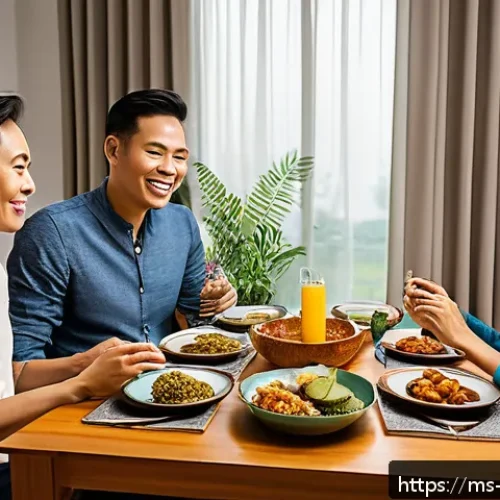 의식적 식사법을 위한 고백과 반성 - A serene dining scene in a modern Malaysian home featuring a family of diverse ages practicing mindf...