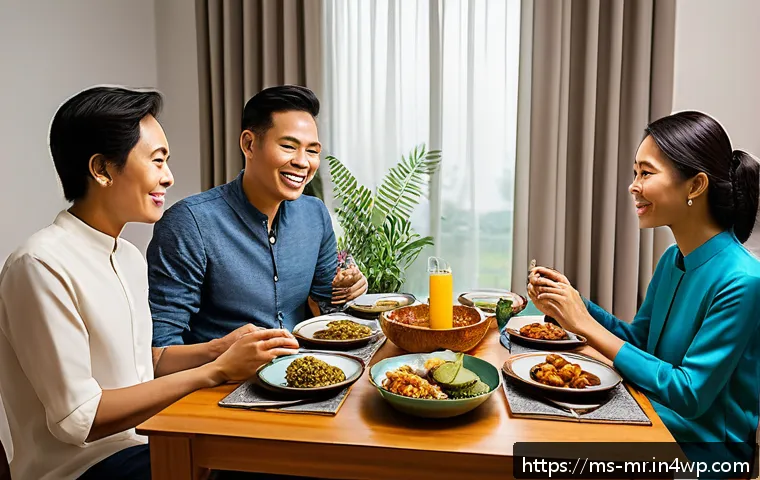 의식적 식사법을 위한 고백과 반성 - A serene dining scene in a modern Malaysian home featuring a family of diverse ages practicing mindf...