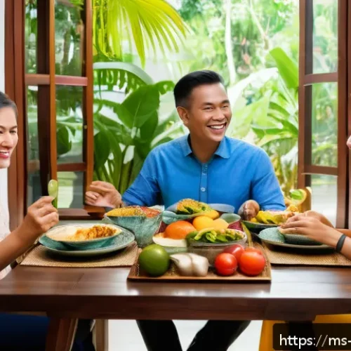 의식적 식사법을 통한 자기 인식 향상 - A cozy family dining scene in a modern Malaysian home, featuring a diverse family of four seated aro...
