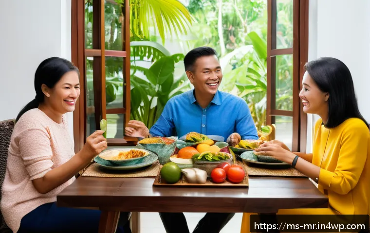 의식적 식사법을 통한 자기 인식 향상 - A cozy family dining scene in a modern Malaysian home, featuring a diverse family of four seated aro...
