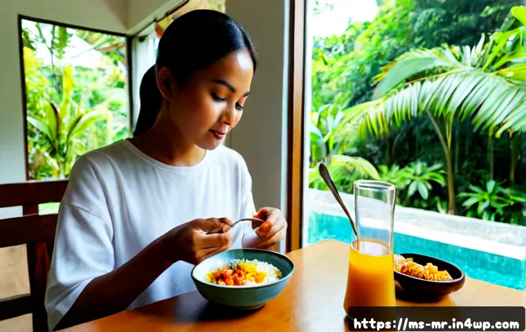 Home 17 의식적 식사법과 삶의 의미 찾기 - Photorealistic Malaysian woman in modest casual clothing practicing mindful eating at a sunlit home ...